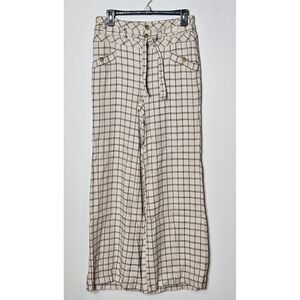 Anthropologie Plaid Wide Leg Windowpane Linen Blend High Rise‎ Button Pants Sz 2